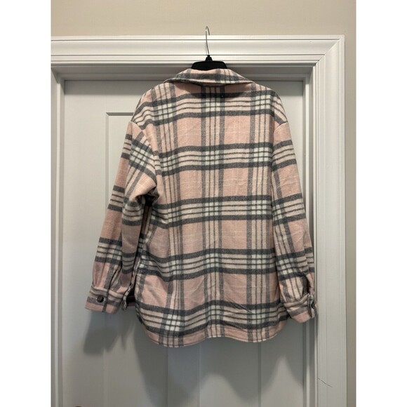 New Women's Size Large Pink Plaid Soft Button Up Oversized Jacket Hip Length - Picture 6 of 6